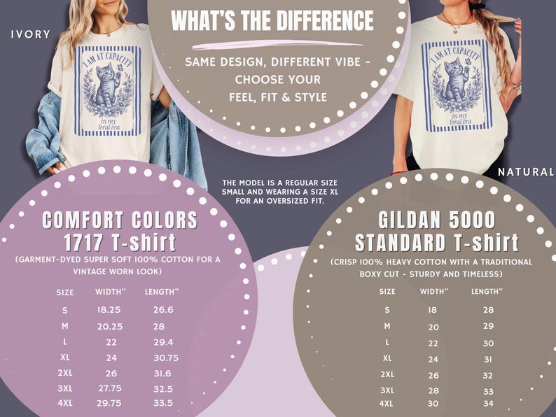 Comfort Colors 1717 versus Gildan 5000 size chart and shirt comparison for the Funny Cat Shirt, explaining the premium garment-dyed tee option and budget-friendly standard tee option for buyers choosing their fit.