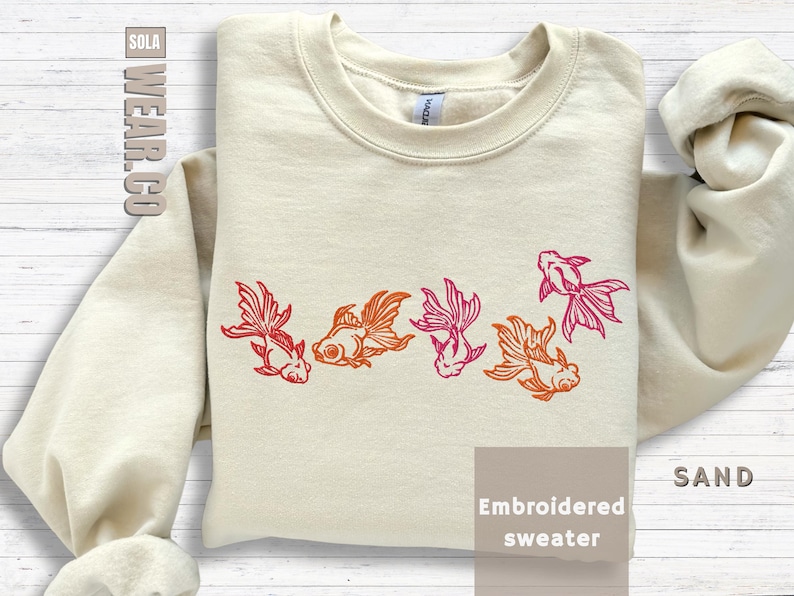 Aquarium Enthusiast Sweatshirt Embroidered Goldfish Design Fishkeeper Hobby Clothing Aquarist Gift Idea Fancy Fish Apparel Koi Aesthetic Shirt Dad Present For Fish Lover Colorful Aquatic Themed Wear Orange Red Pink Details Pet Fish Owner