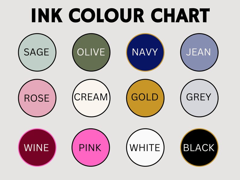 Peut inclure: Nuancier de couleurs d'encre avec 12 &eacute;chantillons de couleurs. Les couleurs sont : sauge, olive, marine, jean, rose, cr&egrave;me, or, gris, vin, rose, blanc et noir.