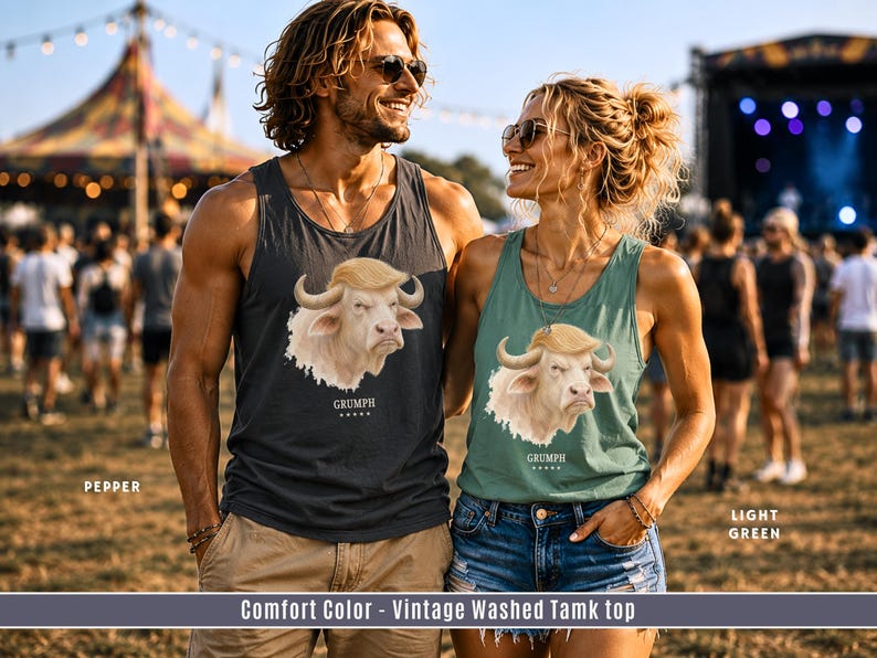 GRUMPH buffalo unisex tank tops on festival couple wearing Pepper and Light Green Comfort Colors tank tops.