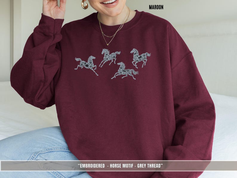 Maroon unisex sweatshirt with soft grey & black embroidered horses for horse lovers and riders