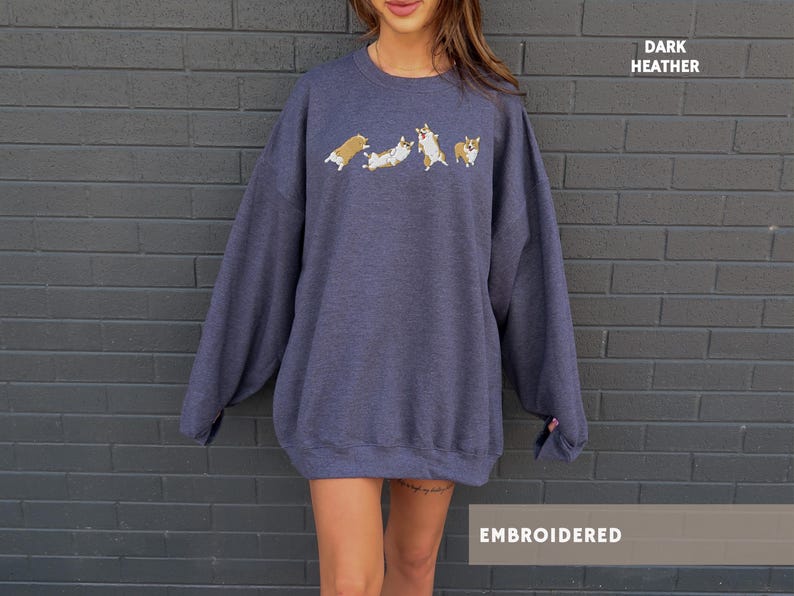 Embroidered Corgi Sweatshirt Aesthetic Corgi Shirt Corgi Lover Sweater Mothers Day Fathers Day Gift for Corgi Dog Dad Mom Welsh Corgi in Dark Heather Grey