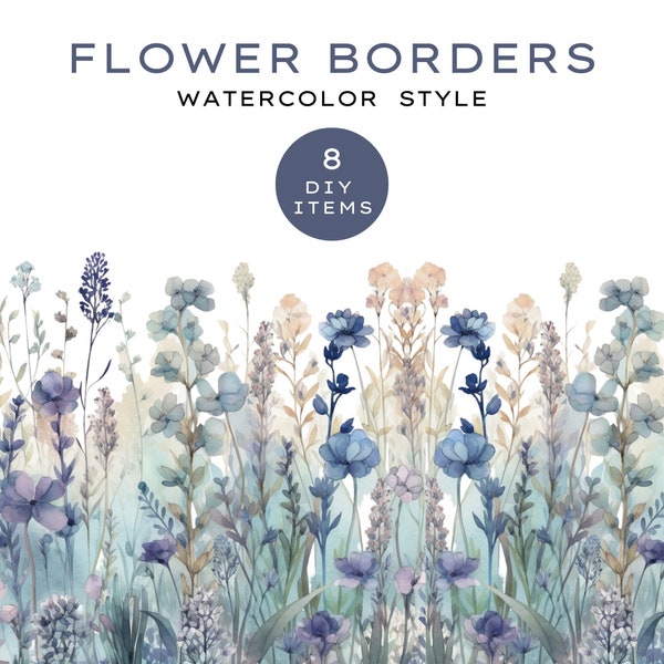 Watercolor Floral Borders - Blue Floral Borders - Wild Flowers - Watercolor Flowers Clipart - Premade Borders - Wedding Clipart - Clipart