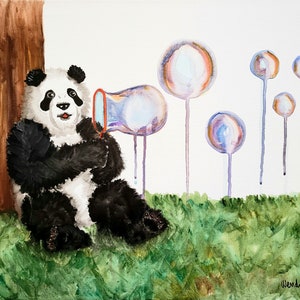 Panda Blowing Bubbles Glossy Inkjet Fine Art Print by Wendy Jones