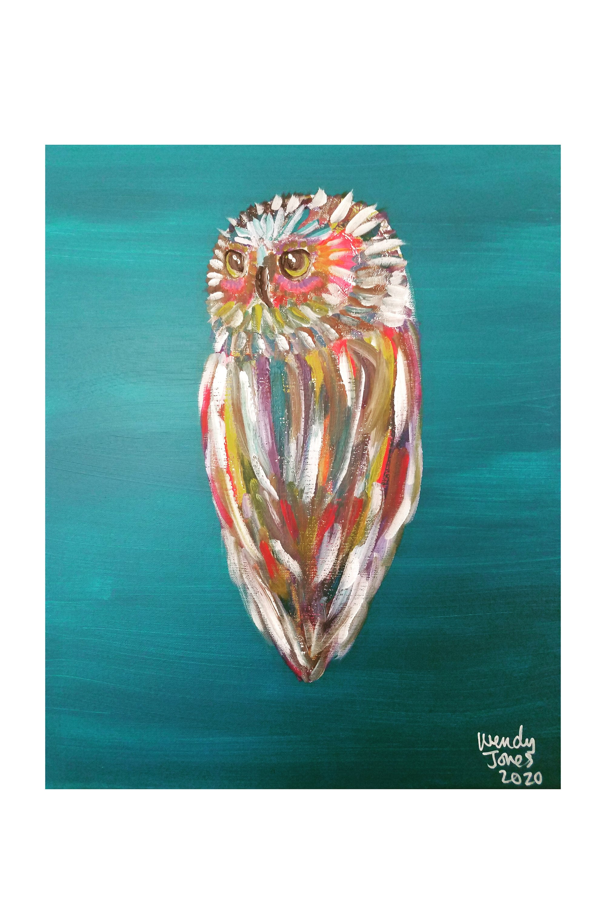 Owl on Teal Glossy Inkjet Fine Art Print by Wendy Jones