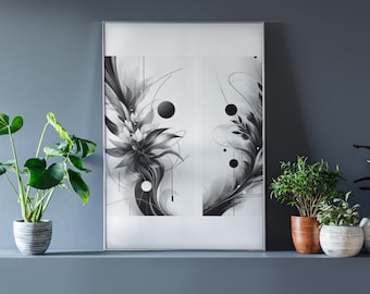 Still Blooming – Black and White Botanical Wall Art Printable 24x24”, Minimalist Zen Line Drawing | Digital Download