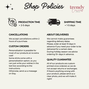 Peut inclure: Graphique cr&egrave;me avec le texte "Shop Policies" en &eacute;criture manuscrite. L'image d&eacute;taille les d&eacute;lais de production et d'exp&eacute;dition, les politiques d'annulation, les informations sur les commandes personnalis&eacute;es, les d&eacute;tails de livraison et une garantie de qualit&eacute;.