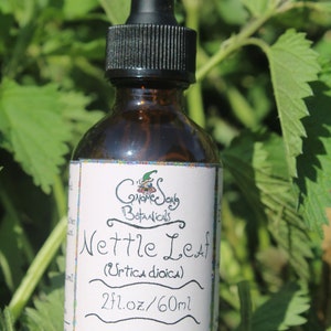 Könnte beinhalten: Eine braune Glasflasche mit Tropfer, beschriftet mit "Gnome Song Botanicals Nettle Leaf (Urtica dioica) 2 fl.oz/60ml (what can't nettles do?)"