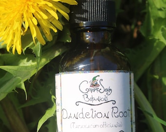 May include: A brown glass bottle of Dandelion Root tincture with a black dropper, set against green leaves and a yellow dandelion flower. The label reads "Gnome Song Botanicals" and lists the product's volume as 60ml. The product is for liver and gallbladder support.