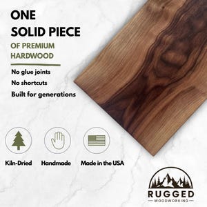 May include: A rectangular wooden cutting board with a dark brown grain pattern. Text reads: ONE SOLID PIECE OF PREMIUM HARDWOOD, No glue joints, No shortcuts, Built for generations. Icons include a tree, hand, and US flag with labels: Kiln-Dried, Handmade, Made in the USA.