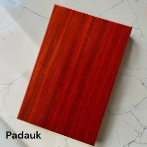 May include: A rectangular wooden board made of Padauk wood, featuring a vibrant, deep reddish-orange color with a distinct, straight vertical grain pattern. The surface is smooth and polished, showcasing the natural wood texture and rich color.