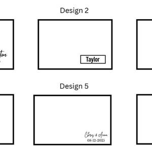 May include: A grid of six rectangular design templates with black borders. Design 1 shows Johnston Est 2025. Design 2 shows Taylor in a box. Design 3 shows a split letter J with Jones. Design 4 shows The PETERSONS. Design 5 shows Chris & Anna 08-12-2025. Design 6 shows Custom Design.