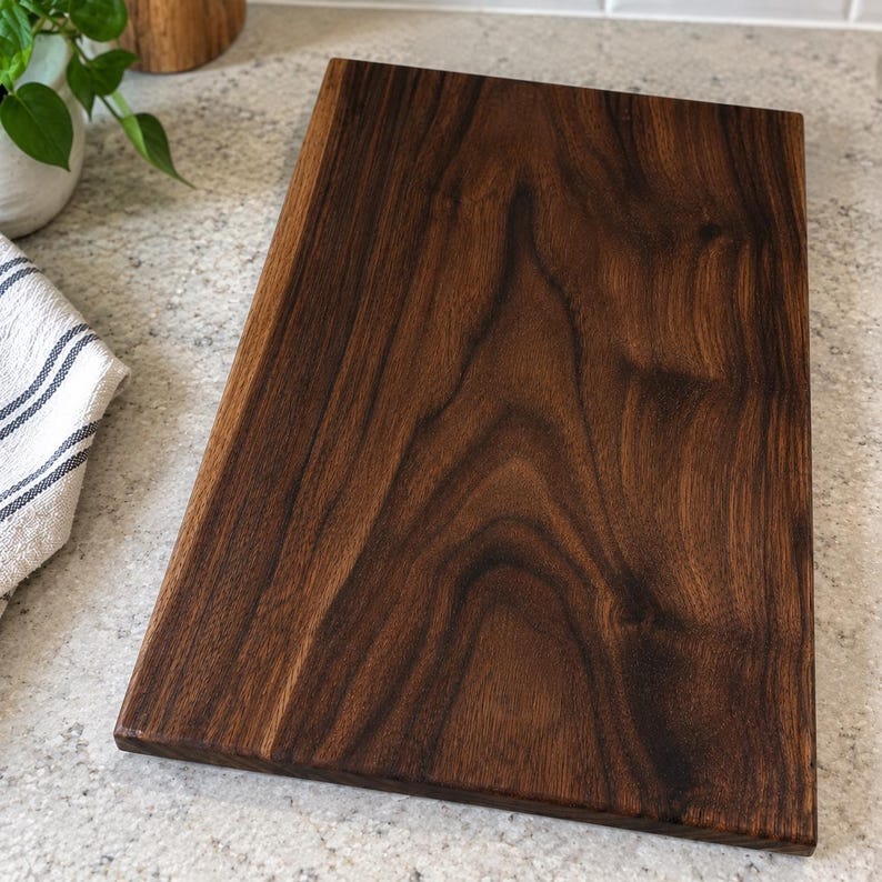 May include: A rectangular wooden cutting board made of dark brown walnut wood with a prominent, swirling natural grain pattern. The board features a smooth, flat surface with straight edges and a deep, rich color palette throughout the wood.