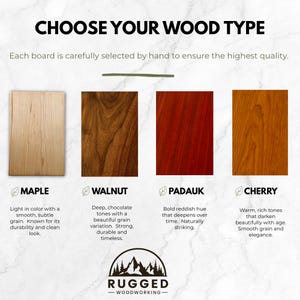 May include: A wood selection chart titled CHOOSE YOUR WOOD TYPE featuring four rectangular samples: light maple, dark walnut, vibrant red padauk, and warm cherry. Each sample includes a descriptive text block and the Rugged Woodworking logo.