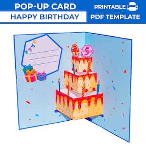 Modèle PDF de carte pop-up d'anniversaire. Carte de gâteau d'anniversaire imprimable DIY. Carte de gâteau de joyeux anniversaire. Découpe de papier 3D