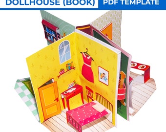 Paper Dollhouse in book form. Mini paper pop-up dollhouse.  Printable pocket dollhouse for dolls. Paper Crafts for Kids. Folding dolls house