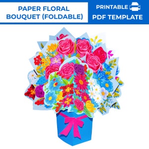 Carte pliable imprimable bouquet de fleurs à faire soi-même. Modèle PDF de carte de bouquet de fleurs en papier. Cadeau Saint-Valentin. Découpe de fleurs en 3D. Vase à fleurs PDF.