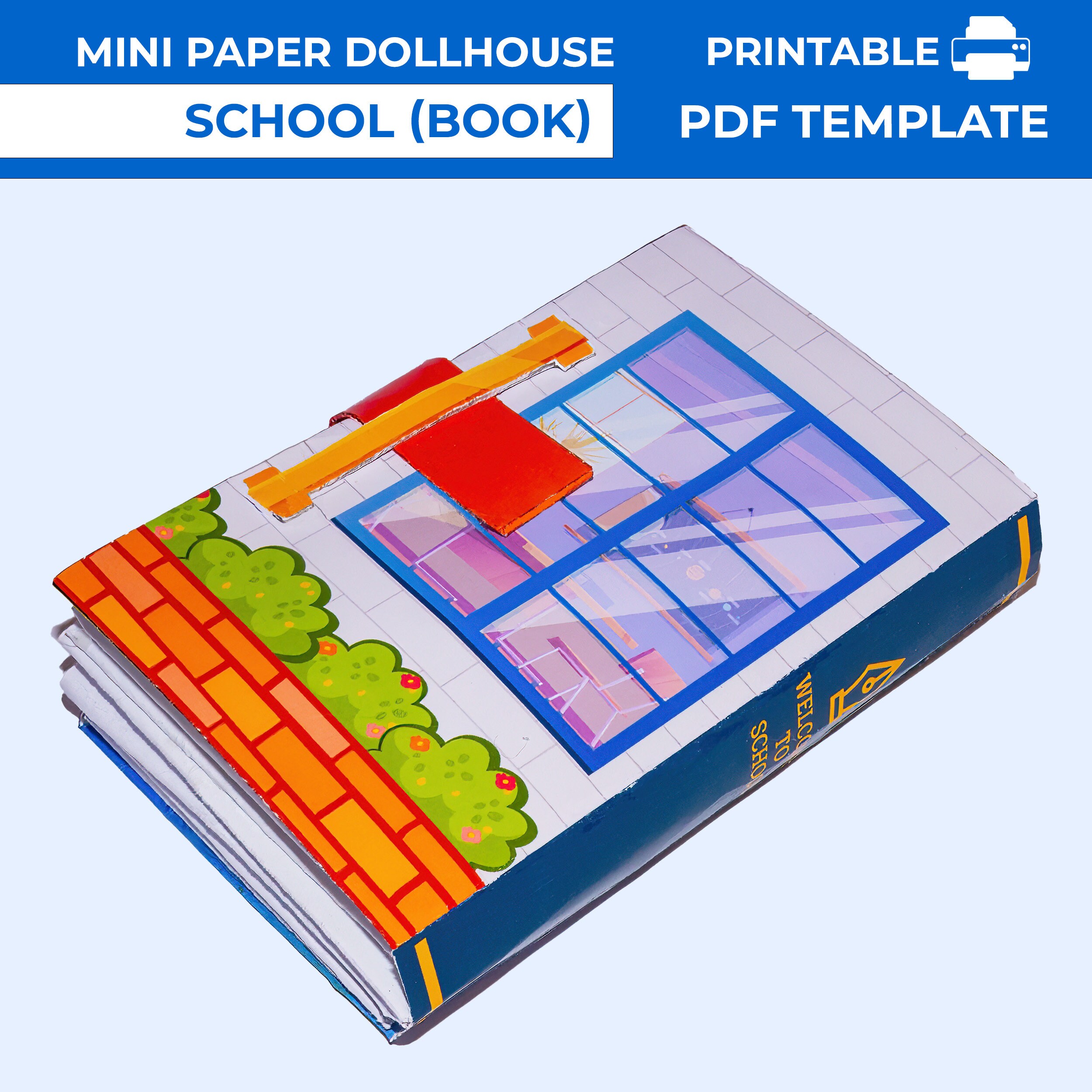 Paper Dollhouse School in Book Form. Mini Paper Popup School Dollhouse