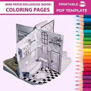 Casa delle bambole di carta in forma di libro (Pagine da colorare). Mini casa delle bambole pop-up di carta. Casa delle bambole tascabile stampabile per bambole. Lavoretti di carta per bambini.