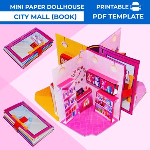 Paper Dollhouse city mall in book form. Mini paper pop-up shop dollhouse. Printable pocket dollhouse store for dolls. Folding paper shop.