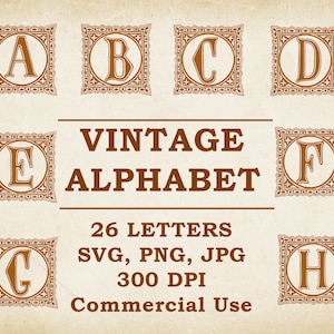 Vintage Letters Alphabet set. (26xFiles SVG, JPG, Png Transparent), Printable Alphabet, Vintage retro ornament, Commercial Use.