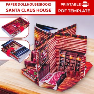 Kerstcadeau. Papieren pop-up poppenhuis Kerstman thuis.  Afdrukbaar poppenhuis voor poppen. Papierkunst voor kinderen. Papieren kerstmanhuis.