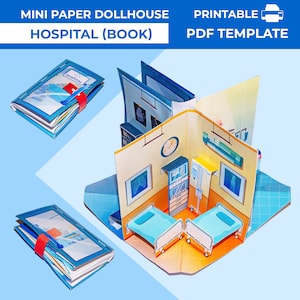 Paper Dollhouse hospital in book form. Mini paper pop-up hospital dollhouse. Printable pocket  hospital for dolls. Folding paper clinic.