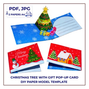 Modèle PDF de sapin de Noël avec carte pop-up cadeau, carte de voeux de Noël à faire soi-même, carte de remerciement. Modèle PDF numérique de carte pop-up faite main