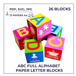 ABC imprimible digitalmente bloquea el alfabeto con palabras. Bloques de bebé de bricolaje. Divertidos caracteres del alfabeto en papel PDF, bloques imprimibles svg.