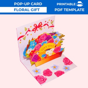 Cartão pop-up de buquê de flores para impressão DIY. Modelo PDF de cartão floral de papel. Presente para menina. Corte de flores em 3D. Cartão floral pop-up.