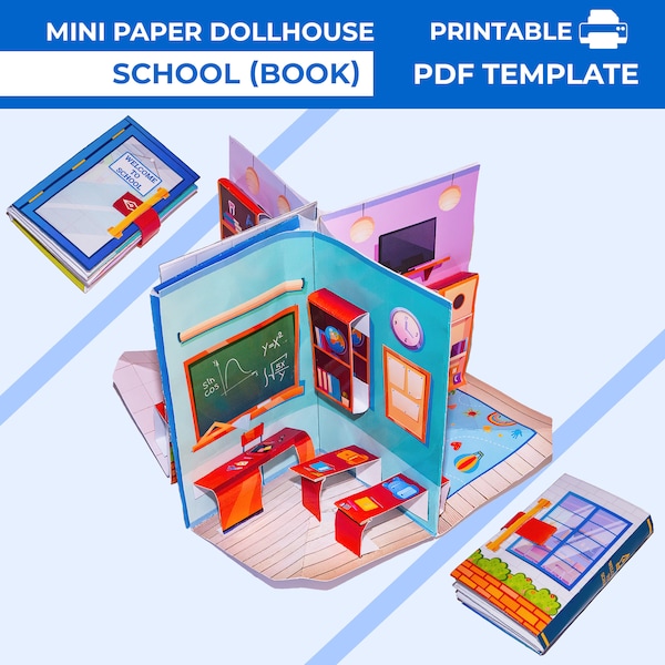 Paper Dollhouse school in book form. Mini paper pop-up school dollhouse. Printable pocket dollhouse school for dolls. Folding paper school.