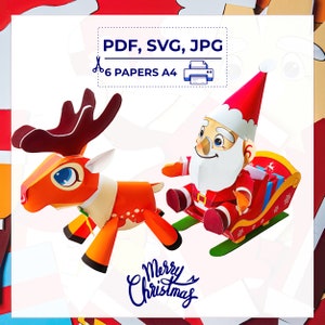 Santa in a Christmas sleigh pulled by a reindeer DIY paper craft kit. Paper Santa Claus Model. Pdf, SVG, JPG Templates with manual.