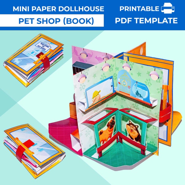 Paper Dollhouse pet shop in book form. Mini paper pop-up pet store dollhouse. Printable pocket pet shop for dolls. Folding paper pet store.