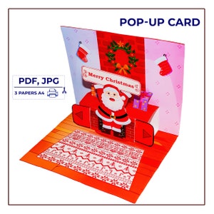 Modelo de cartão pop-up em PDF com Papai Noel e presente. Cartão personalizado de saudação "faça você mesmo" com Papai Noel e placa. Cartão de agradecimento. Modelo digital de cartão pop-up feito à mão.
