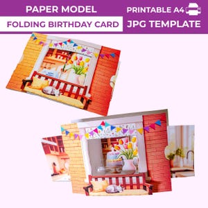 Modèle PDF de carte pliante pop-up d'anniversaire. DIY carte en papier pliable. Modèle de carte de voeux d'anniversaire. Carte d'invitation de théâtre DIY.