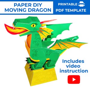 Modello di drago di carta. Regalo per bambini. Modello di giocattolo di carta Drago in movimento. Drago verde di carta fai da te. Modello di modello di drago stampabile.