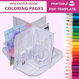 Paper Dollhouse castle in book form (Coloring pages). Mini paper pop-up castle dollhouse. Printable pocket castle for princess dolls.