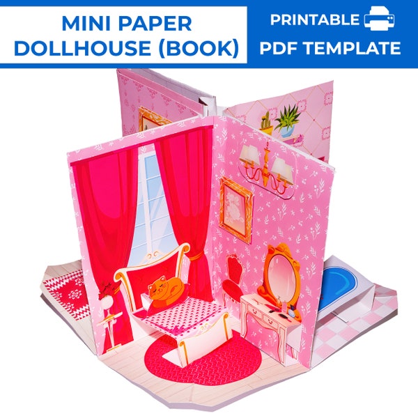 Paper Pink Dollhouse in book form. Mini paper pop-up pink dollhouse. Printable pocket dollhouse for paper dolls. Barbie Baby Doll House.