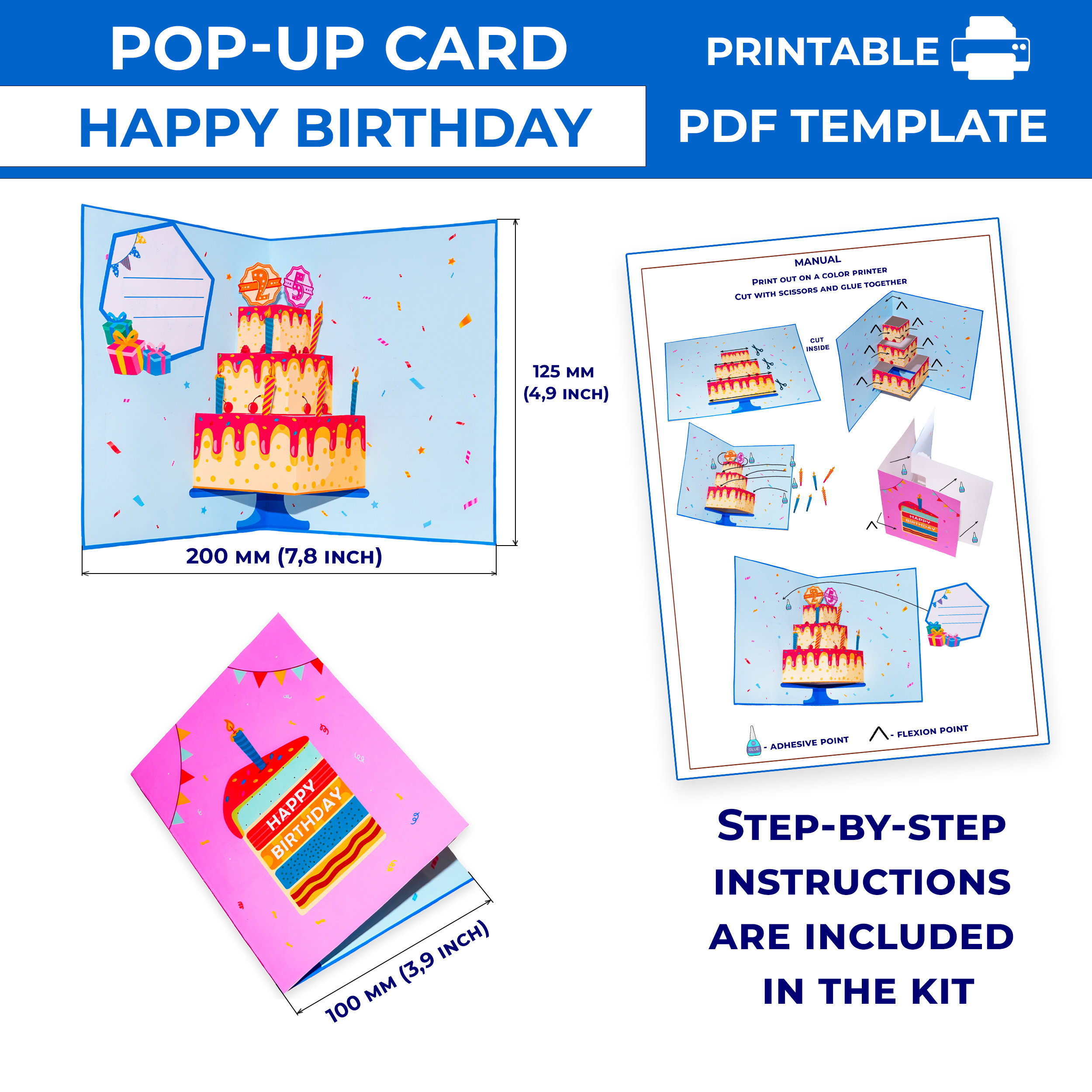 Birthday Pop-up Card PDF Template. Printable Birthday Cake Card DIY ...