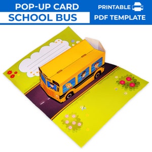 School bus Pop-Up Card PDF template. School card Greeting Custom Card DIY. Handmade Pop Up Card Digital Template