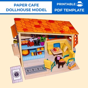 Druckbares Bastelprojekt für Kinder, 3D-Papiercafe für Papierpuppen. Geschenk für Kinder. Druckbares Puppenhaus-Café für Puppen. DIY-Restaurantmodell aus Papier.