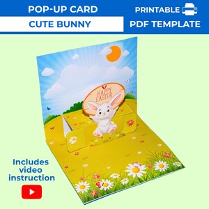 Modello PDF per biglietto pop-up di Pasqua. Biglietto pop-up di carta fai da te Coniglio con cartello. Regalo per una persona cara. Biglietto di carta di compleanno. Biglietto regalo di Pasqua fai da te.