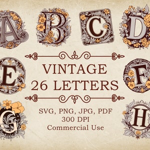 Vintage Letters Floral monogram. (26xFiles SVG, JPG, Png Transparent), Printable Alphabet, Vintage ornament, Commercial Use.