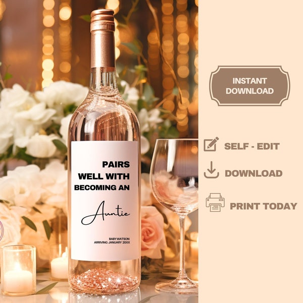 Wine Label Pregnancy Announcement Digital Template, Custom Baby Announcement, Pairs Well with Becoming Auntie, Reveal to Best Friends