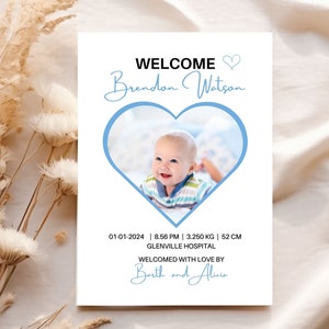 Newborn Birth Announcement Template, Photo Baby Announcement Card, Welcome Baby Boy, Minimalist, Editable, Printable, Instant Download, Blue