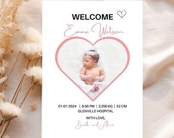 Baby Girl Birth Announcement Template, Photo Baby Announcement Card, Welcome Baby Girl, Editable, Printable, Instant Download, Pink