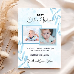 Baby Boy Birth Announcement Template, Photo Baby Announcement Card, Newborn Welcome, Minimalist, Editable, Printable, Instant Download, Blue