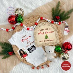 Anúncio de gravidez de Natal, anúncio digital de feriado de bebê, modelo editável, revelação de gravidez de Natal, promovido a irmã mais velha