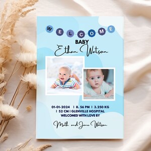 Baby Boy Birth Announcement Template, Photo Baby Announcement Card, Newborn Welcome, Minimalist, Editable, Printable, Instant Download, Blue