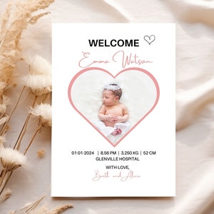 Baby Girl Birth Announcement Template, Photo Baby Announcement Card, Welcome Baby Girl, Editable, Printable, Instant Download, Pink